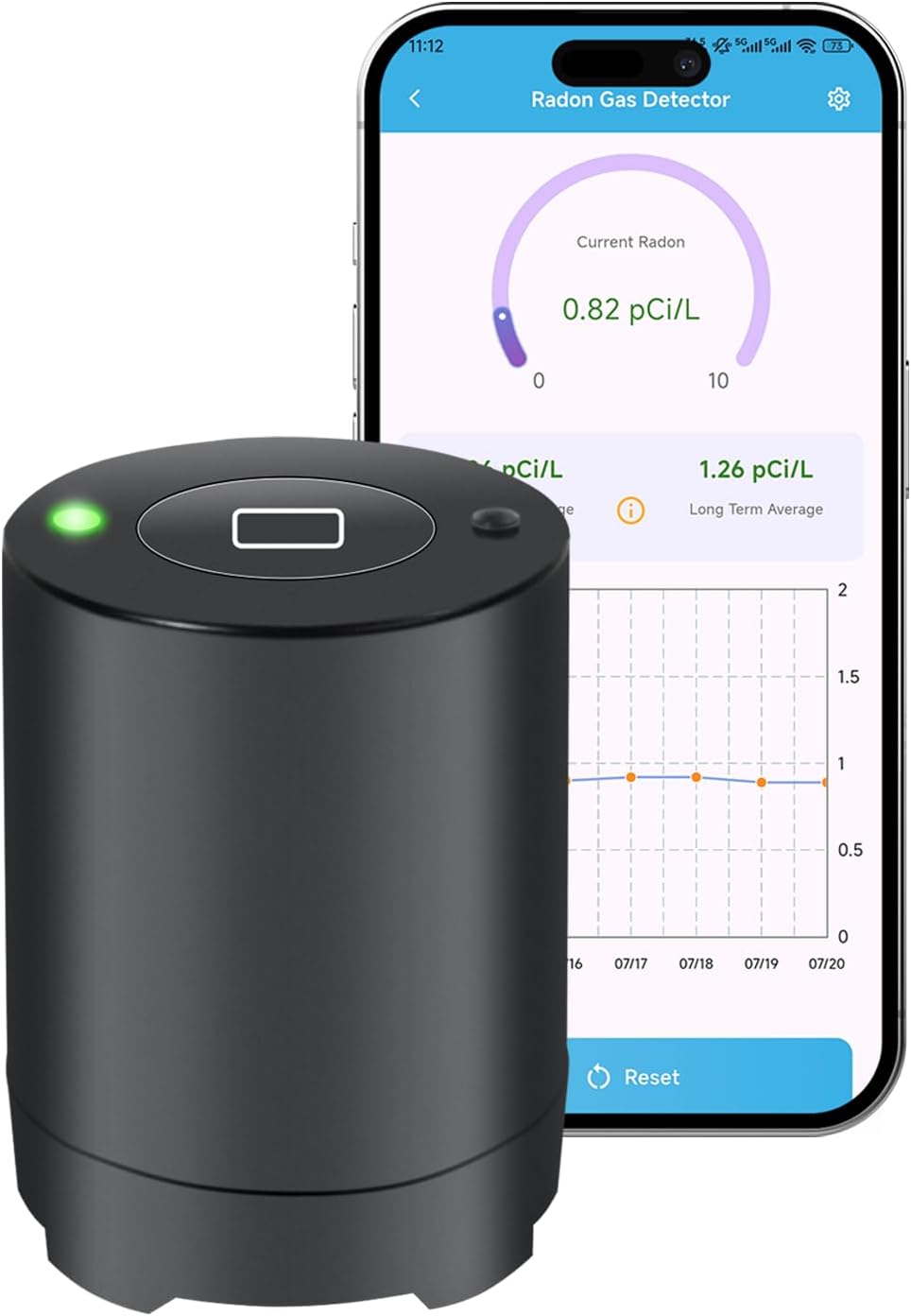 Bluetooth Radon Detector for Home, High-Precision Sensor, Real-Time Radon Gas Monitoring, Short & Long-Term Data with Trend Charts, App Control, Rechargeable Battery, LED Alerts