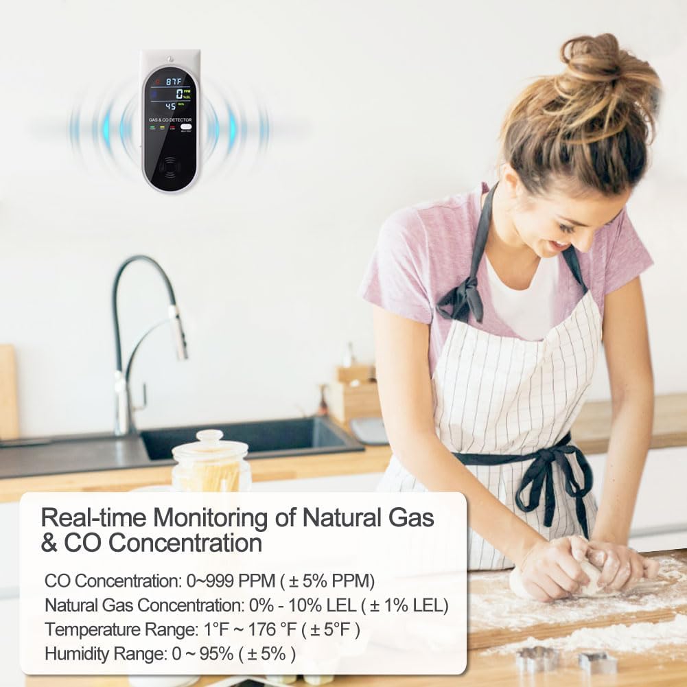 Plug in Carbon Monoxide and Natural Gas Detector, Combination Gas & Carbon Monoxide Detectors for Travel with Temperature Humidity Display, 4 in 1 CO and Gas Detector for Home/Travel(1 Pack)