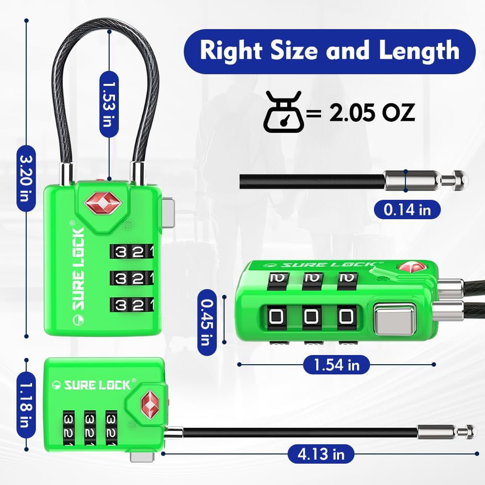 SURE LOCK TSA Compatible Travel Luggage Locks, Inspection Indicator, Easy Read Dials TSA Approved with Zinc Alloy Green 4PACK