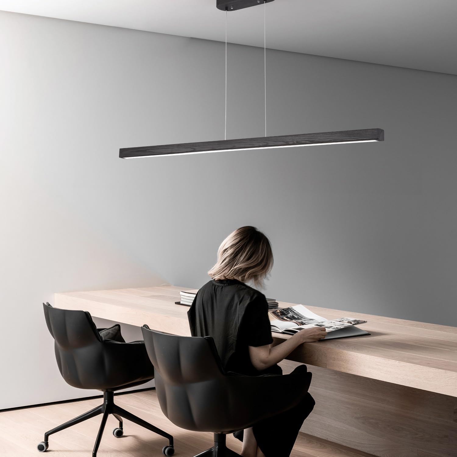 Black Wood Linear Pendant Light – Dimmable LED Chandelier with Remote, Modern Minimalist Lighting for Kitchen Islands, Dining Rooms & Pool Tables (Energy-Efficient 19W)