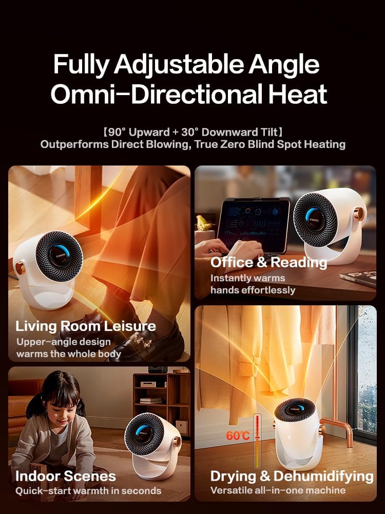 RANVOO Graphene Space Heater, Small Portable Electric Heater for Indoor Use with Hot Airflow, 10X Safe & Smart Protection, 120° Tilt Adjustment to Surround Heat for Office Bedroom, White