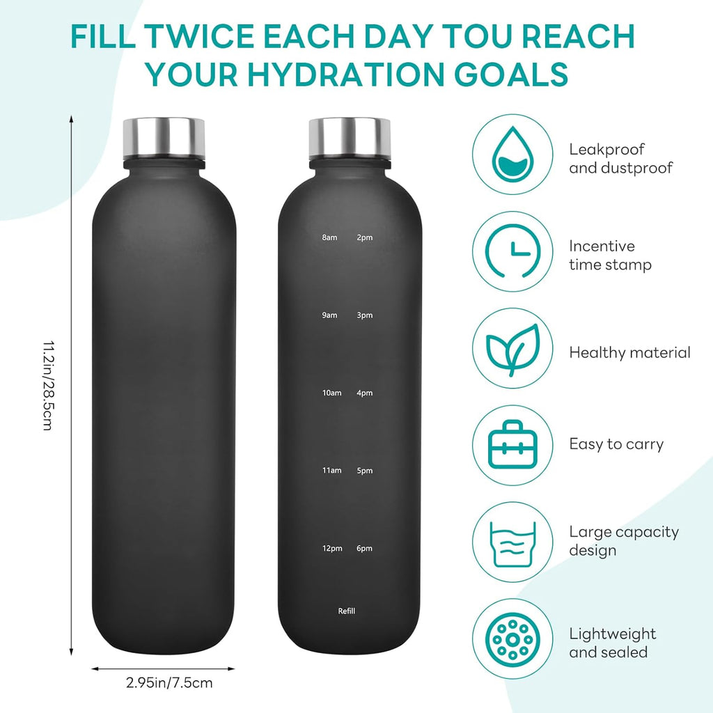 1L（33 oz） daily tracking schedule time hours reminder motivational day goals hydration capacity measured marker tracker plastic wide mouth measurements water bottle