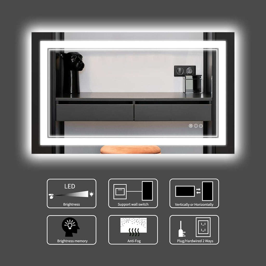 44 x 30 Inch LED Bathroom Mirror, Front Light and Backlit Lighted Vanity Mirror, Anti-Fog, Dimmable Memory, Shatterproof, Wall-Mounted