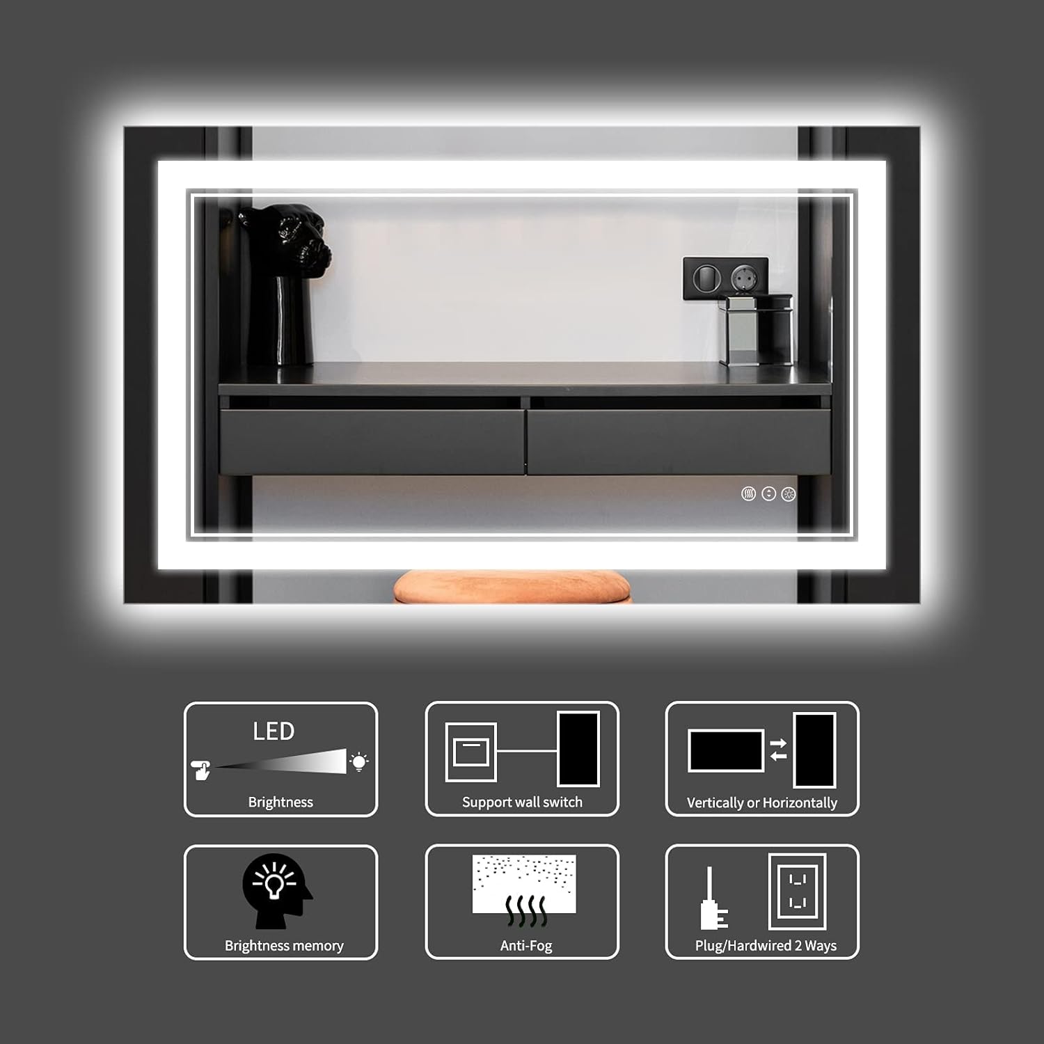 44 x 30 Inch LED Bathroom Mirror, Front Light and Backlit Lighted Vanity Mirror, Anti-Fog, Dimmable Memory, Shatterproof, Wall-Mounted