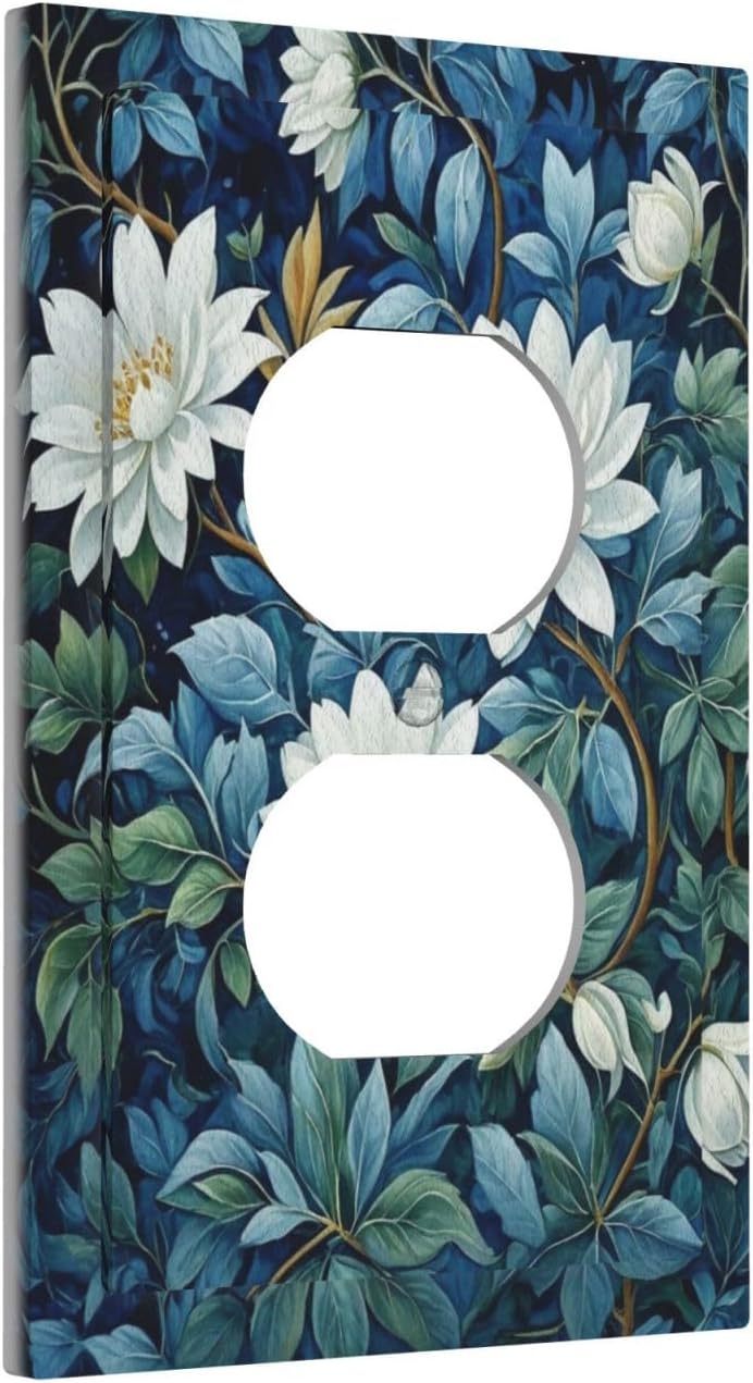 White Flowers Green Leaves Light Switch Cover 1 Gang Outlet Plate Single Duplex Wall Plate Covers Decorative Switchplate Covers Electrical Faceplate for Home Decor