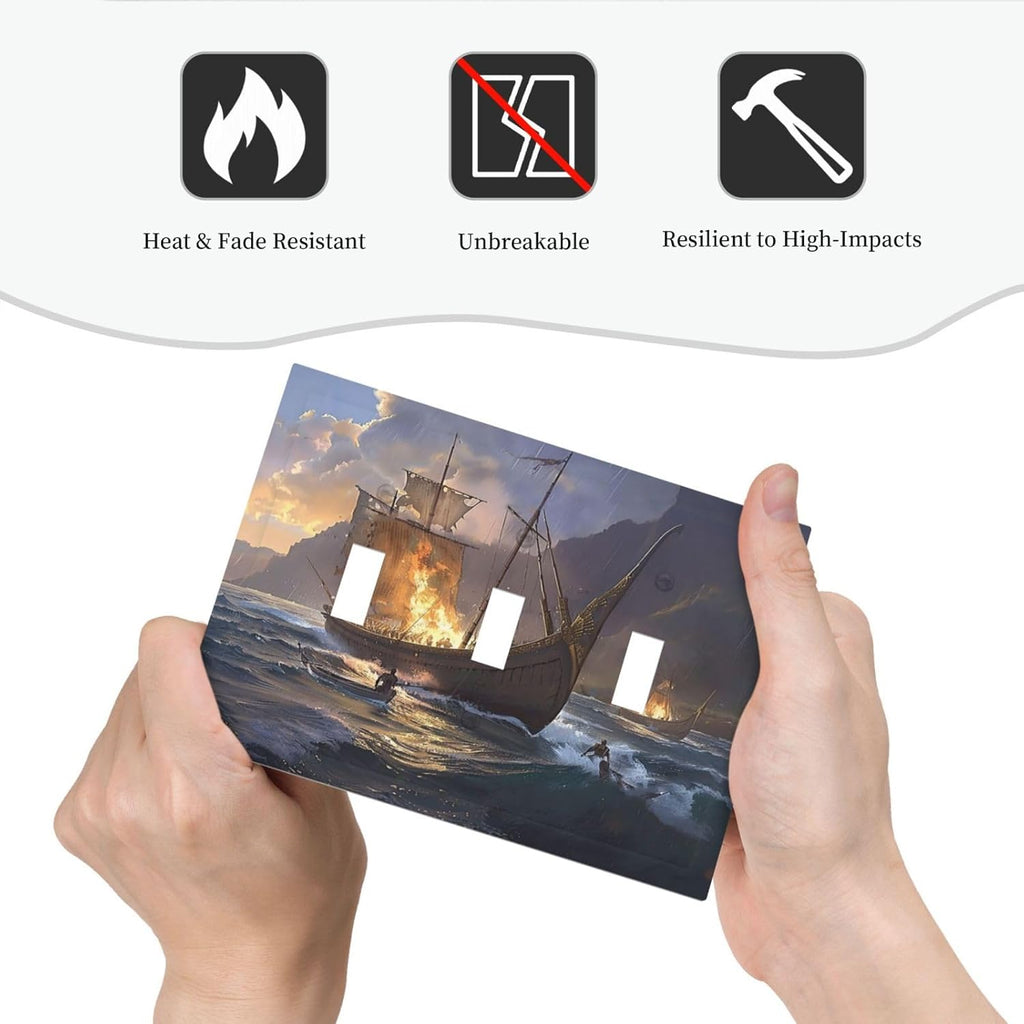 Decorative Light Switch Cover Plate Medieval Vintage Sailing Adventure Sailings Ocean Waves 3 Gang Wall Plate Triple Toggle Switch Plate Covers Electrical Outlet Cover for Bedroom Cabin