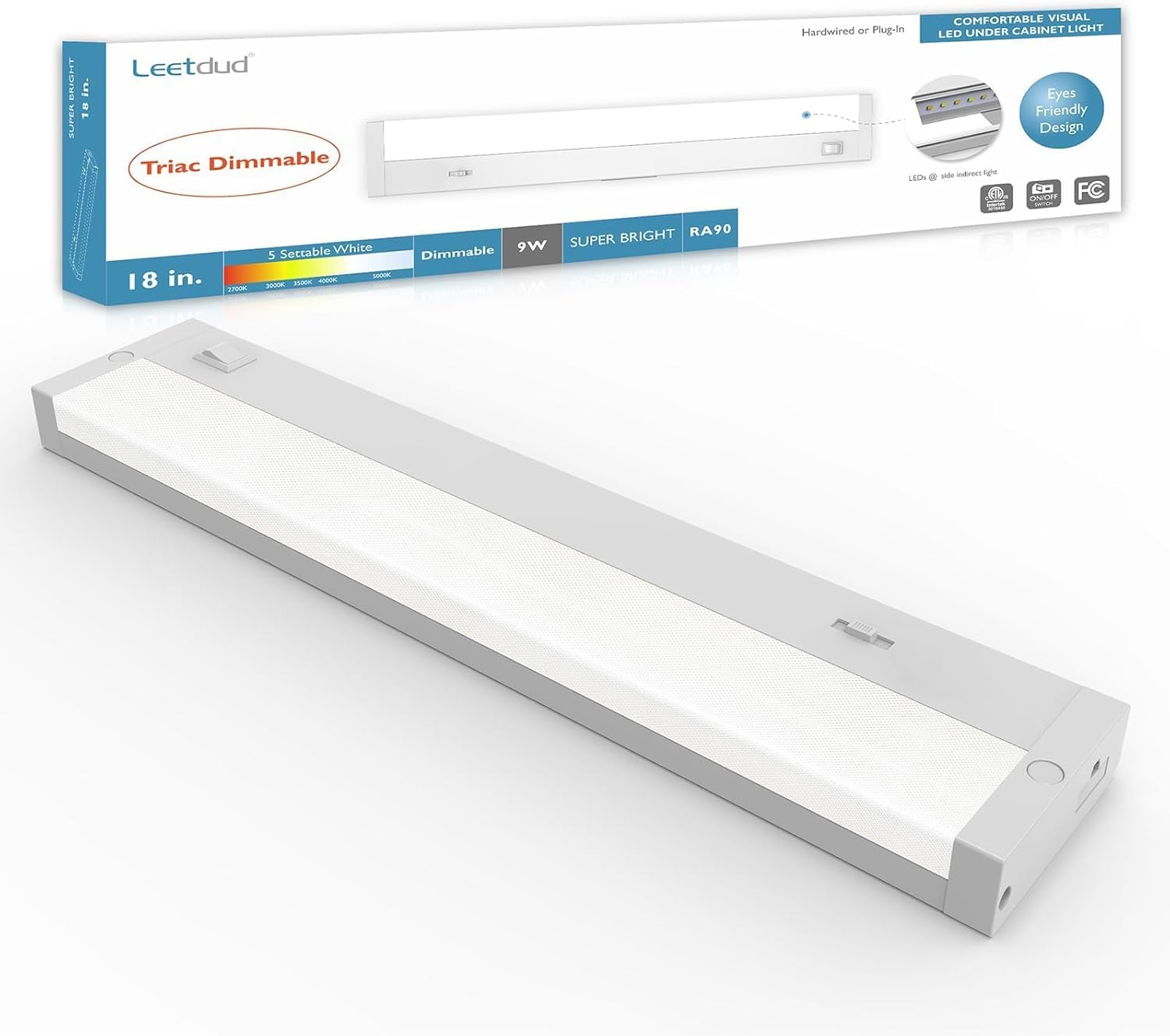 LED Under Cabinet Lighting Hardwired or Plug in, 18 Inch 9W, Dimmable 5 Color 2700K/3000K/3500K/4000K/5000K, Linkable Eyes Care Design Counter Lights for Kitchen, Sink, ETL Listed, White