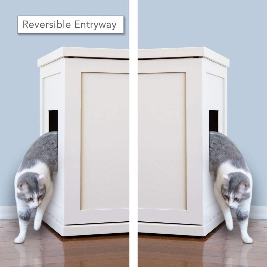 THE REFINED FELINE Cat Litter Box Enclosure Cabinet, Cottage, White, Mid-Century Feet, Large, Hidden Litter Cat Furniture with Drawer