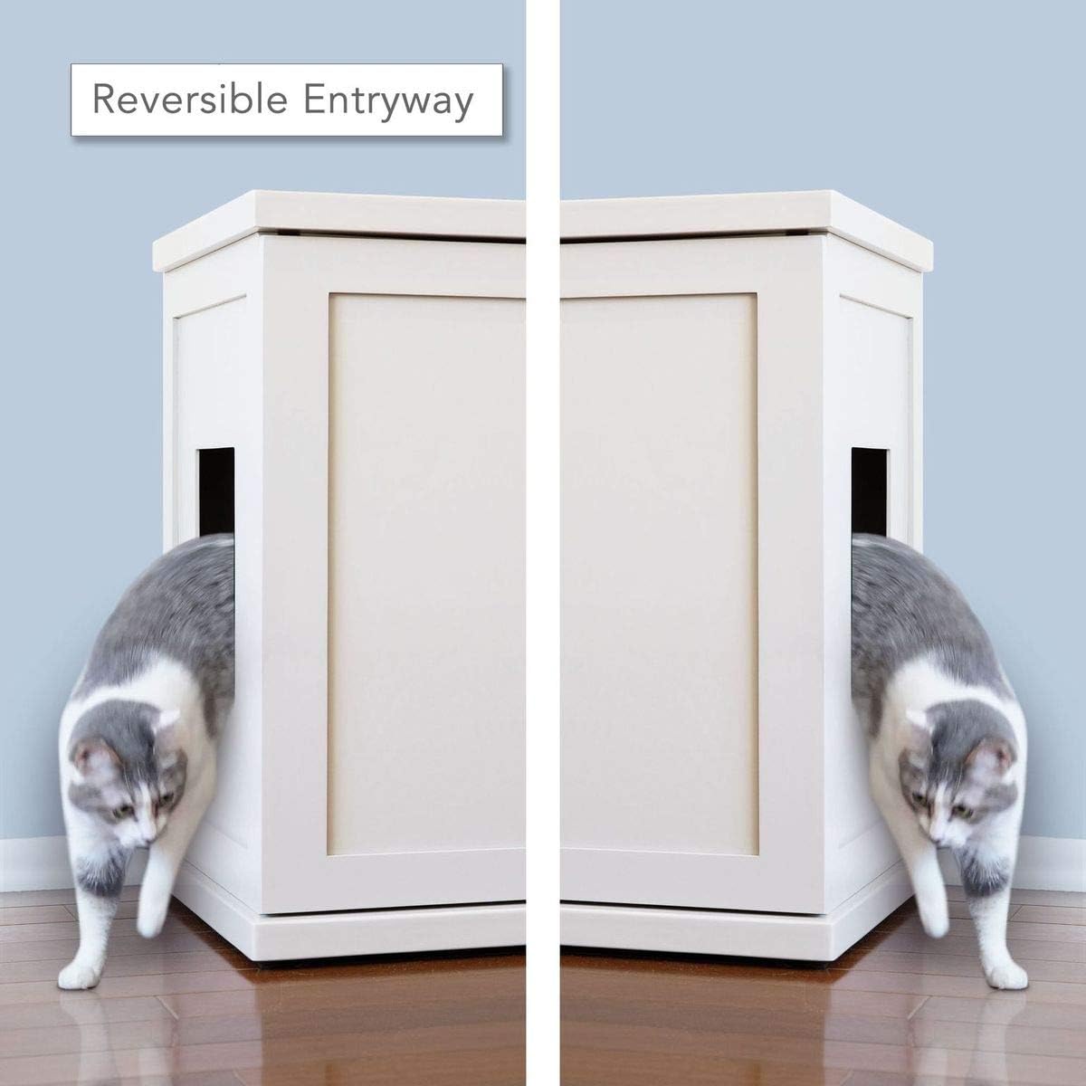 THE REFINED FELINE Cat Litter Box Enclosure Cabinet, Cottage, White, Mid-Century Feet, Large, Hidden Litter Cat Furniture with Drawer