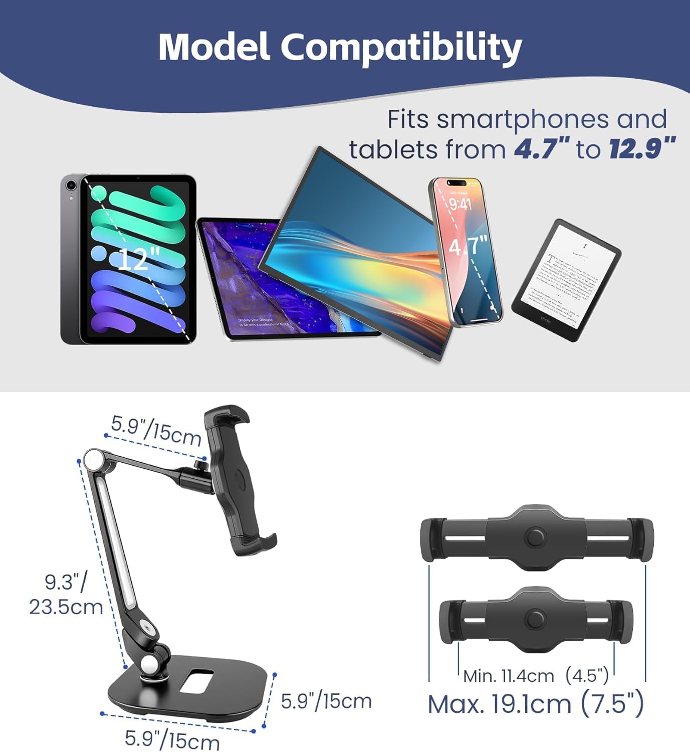 Tablet Stand Universal Holder for 4.9" - 12.9" Devices, 360° Rotating Security Stand for iPad, iPad Air, Samsung, Height Adjustable Foldable Table Top(Black)