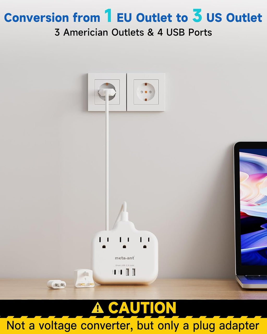 European Travel Plug Adapter, US to European Plug Adapter with 3 American Outlets & 4 USB, 3ft European Power Cord, International Travel Power Strip, Type C for Europe EU Germany France, Travel, White