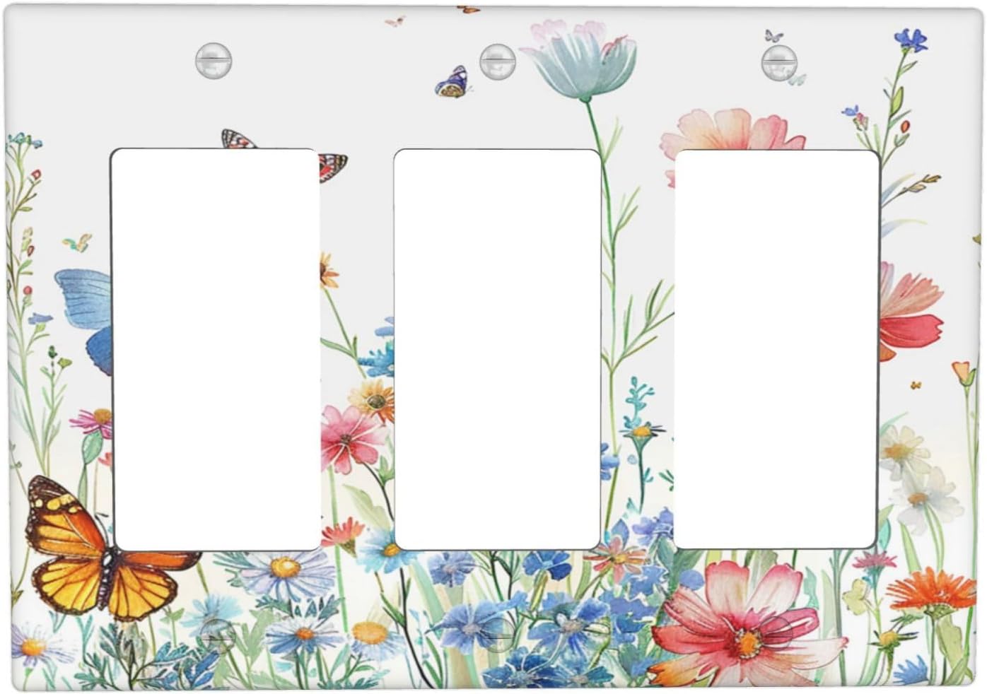 Decorative Outlet Covers Rustic Wildflower Blue Pink Floral Butterfly 3 Gang Light Switch Cover Plate Triple Rocker Wall Plates for Electrical Outlets Switch Plate Covers for Home Decor