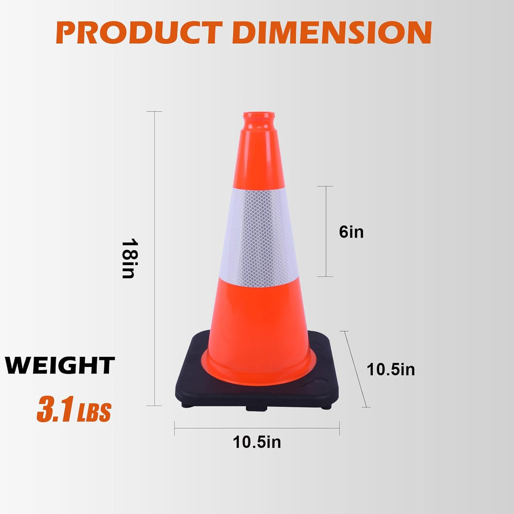 6 Pack 18 Inch Orange Reflective Traffic Cones, Black Base PVC Safety Cones for Construction Sites, Parking Control and Hazard Marking (6, Orange, 18 Inch)