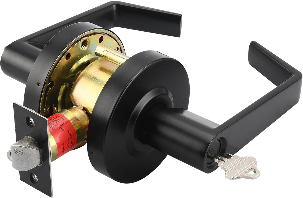 LYNN HARDWARE Commercial Door Lever Lock - Heavy-Duty Locking Door Handle, Designer Door Handles, Cylindrical Lever Lock, Non-Handed Grade 2 Door Handle, Matte Black, Entrance Keylock w/Clutch
