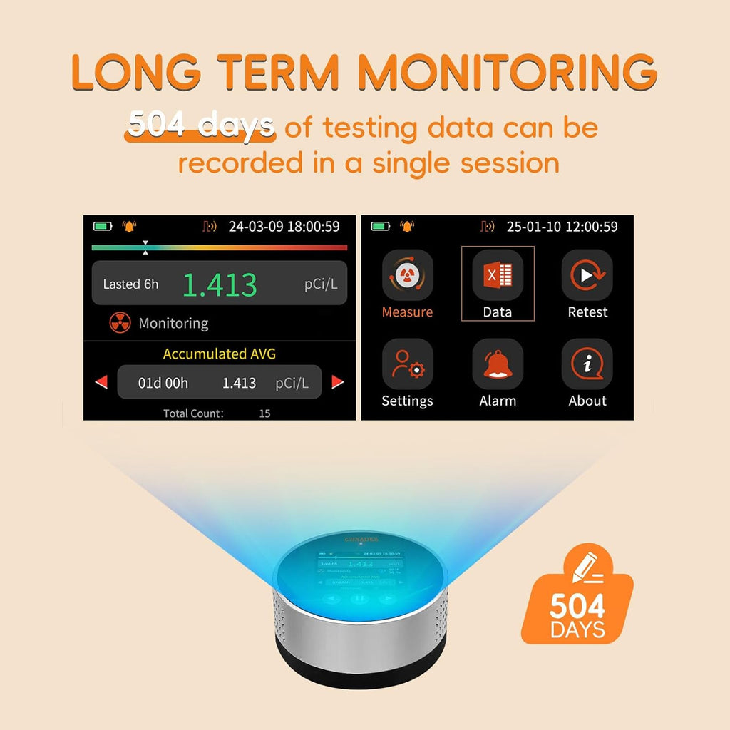 RM-65 Radon Detector for Home Basement, Continuous Radon Monitor with Audible & Visual Alarm, LCD Color Display, Long Term Portable Gas Detector for Home, pCi/L or Bq/m³
