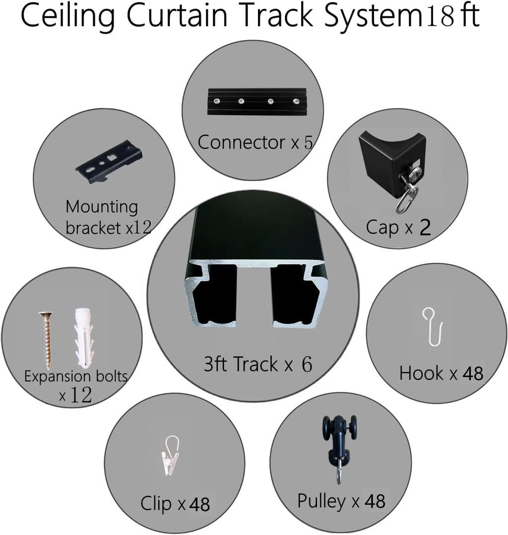 Ceiling Mount Curtains Track Room Divider Privacy Partition Separator Curtain Tracks Rods Heavy Duty RV Shower Outdoor Rail Clip Hook Set, Black 3-18ft