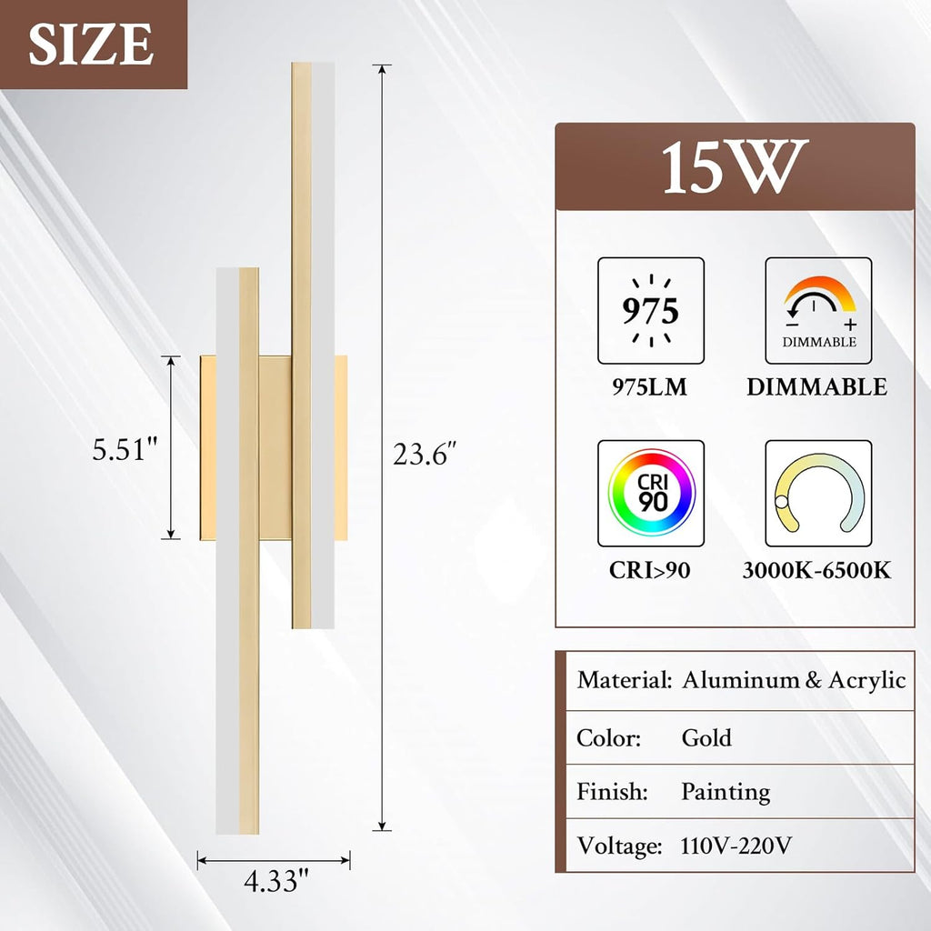 LED Wall Sconce Gold Modern Remote Wall Light Fixtures for Living Room, Dimmable LED Vanity Light Indoor Remote Wall Sconce for Bedside Bedroom Bathroom Dining Room, 23.6inch 1 Pack