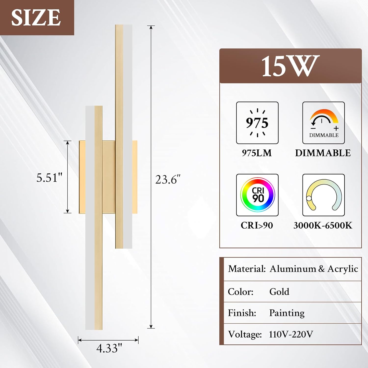 LED Wall Sconce Gold Modern Remote Wall Light Fixtures for Living Room, Dimmable LED Vanity Light Indoor Remote Wall Sconce for Bedside Bedroom Bathroom Dining Room, 23.6inch 1 Pack