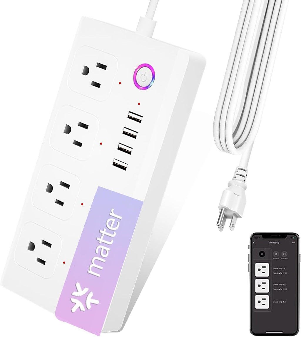 XENON Matter Smart Power Strip, Surge Protector,Support Apple HomeKit, Alexa, Google Home with Schedule Timer, App & Voice Control,5 Ft Extension Cord with 4 Smart Outlets and 4 USB Ports