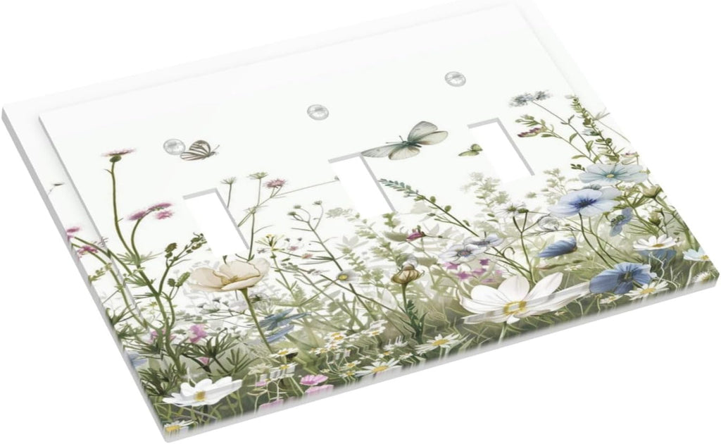 Colorful Wildflowers Daisy Plant Butterfly Floral Decorative Switch Plates 3 Gang Wall Plate Triple Toggle Light Switch Cover Faceplate Electrical Wall Panels for Bed Room Living Room Decor