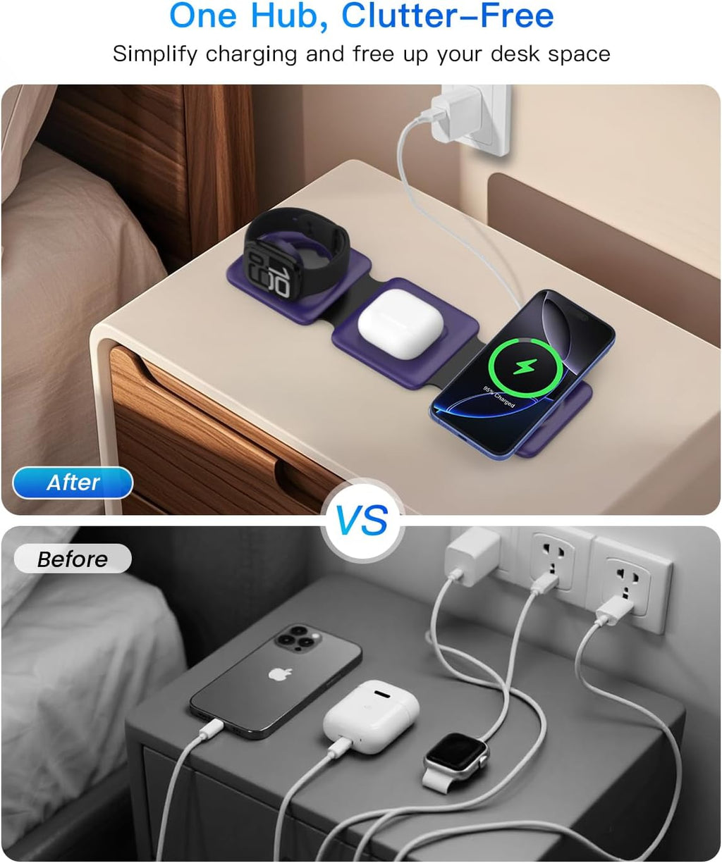 Charging Station for Mag Safe Apple - 3 in 1 Magnetic Foldable Wireless Charger Pad - Travel Charging Mat for iPhone 16 15 14 13 12 Pro Max Plus Watch & Airpods