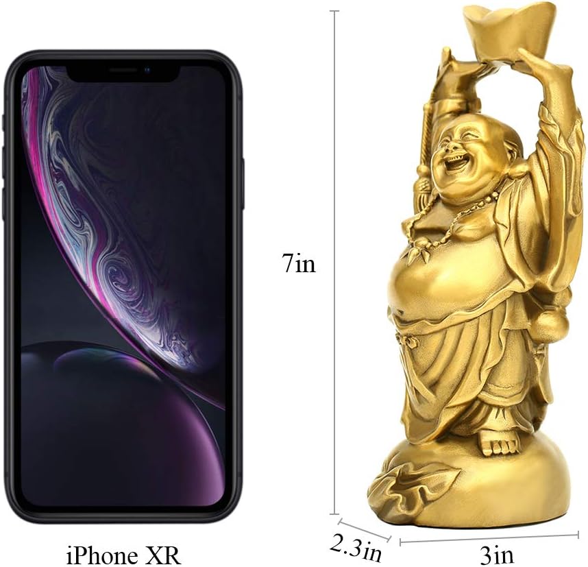 BRASSTAR Brass Laughing Buddha Holding Ingot Money Bag Statue Attract Wealth Feng Shui Ornament Home Office Decorative PTZY053