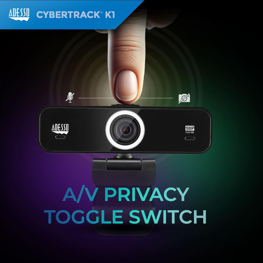 Adesso CyberTrack K1 1080P Full HD Fixed Focus USB Webcam with Adjustable View Angle Built-in Dual Microphones, Privacy Shutter, Audio/Video Mode Privacy ON/Off Switch & Tripod Mount