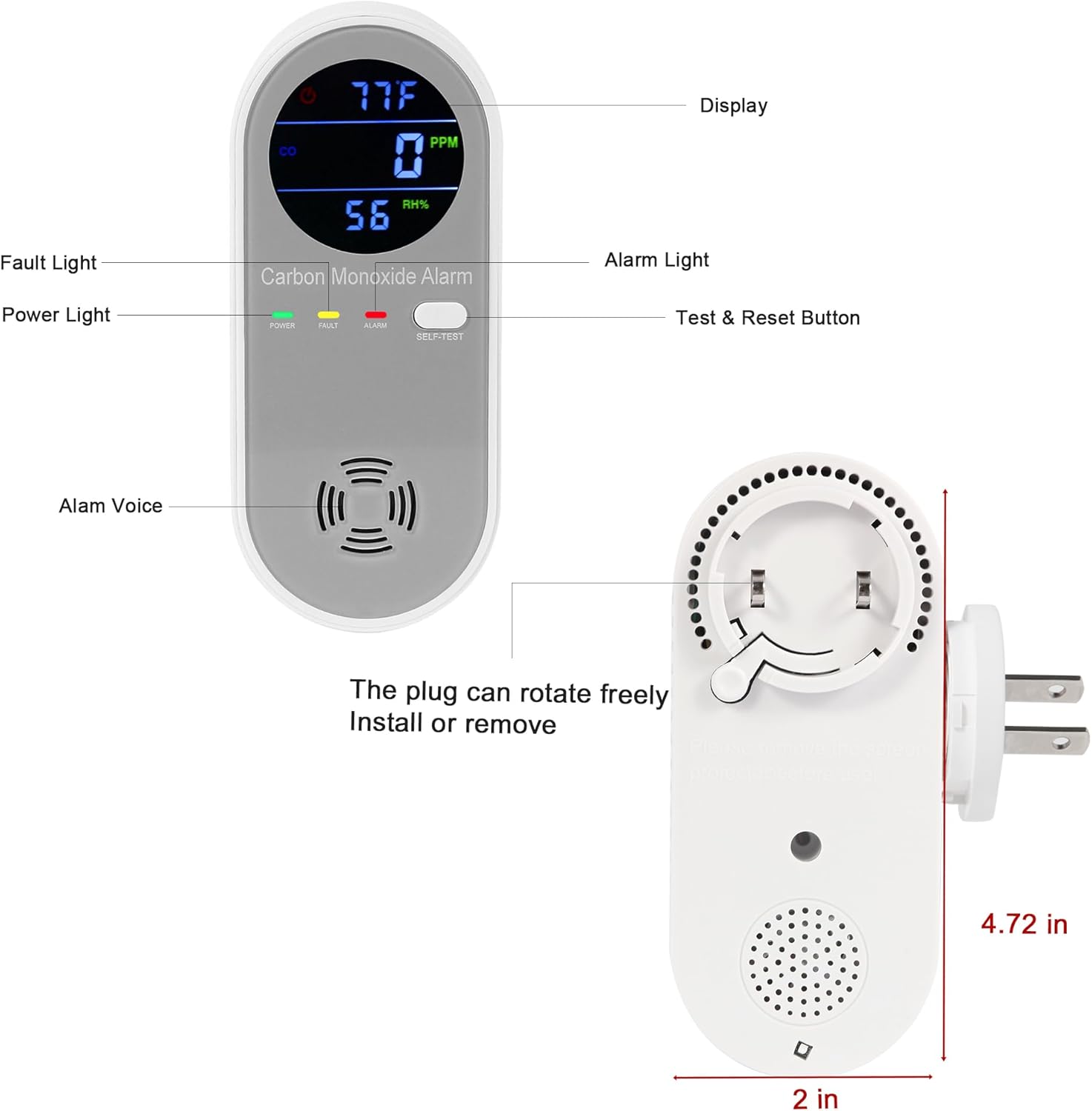 2 Packs Carbon Monoxide Detectors, Plug in Carbon Monoxide Alarm, 3-in-1 Real-time Digital Display Fahrenheit(°F) & Humidity, Co Detector Monitor for Home,RV,Apartment