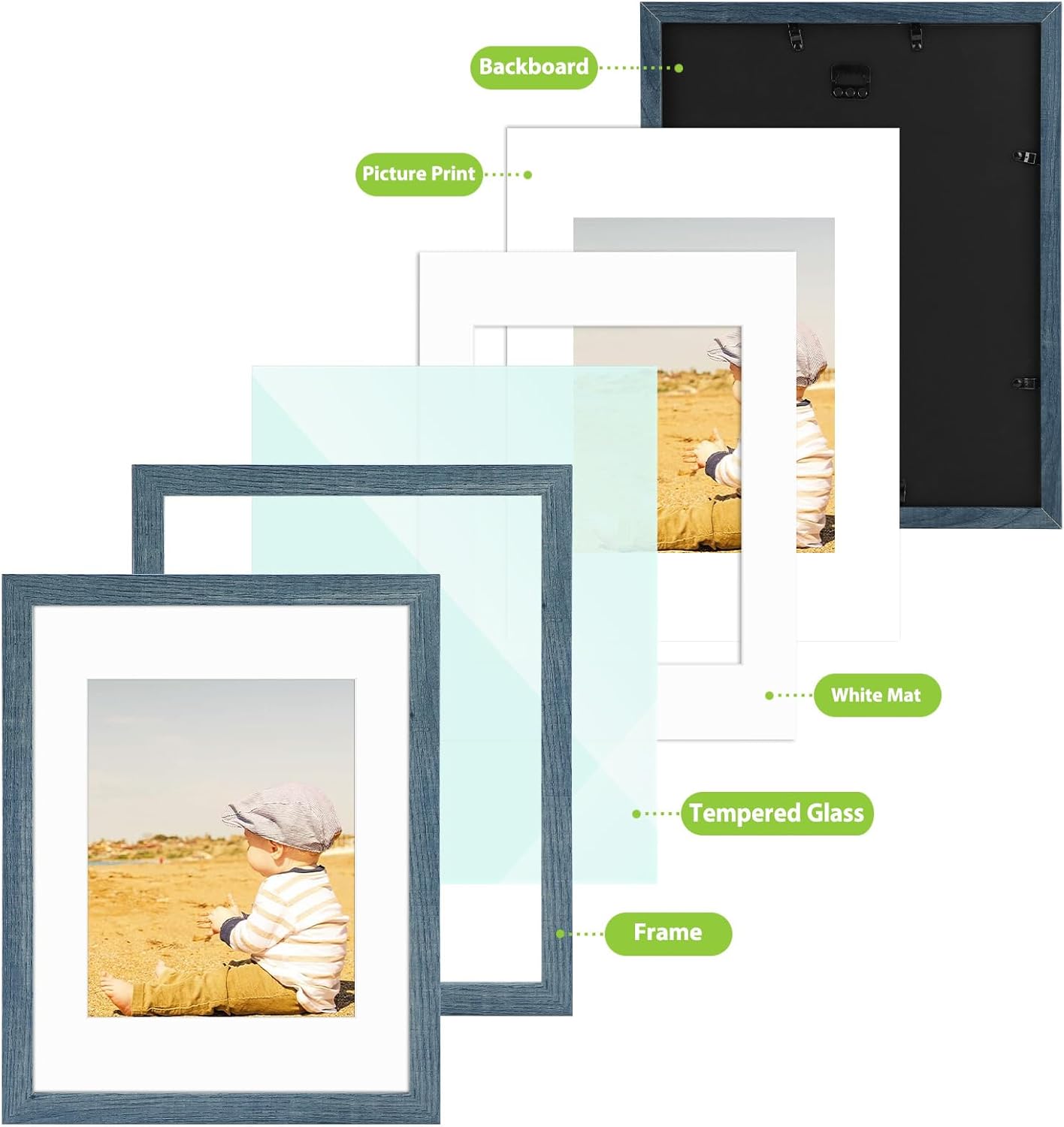 Golden State Art, 11x14 Picture Frame with Mat for 8x10 - High Definition Glass Wall Mounting Horizontal Vertical Display (Blue, 2 Pack)