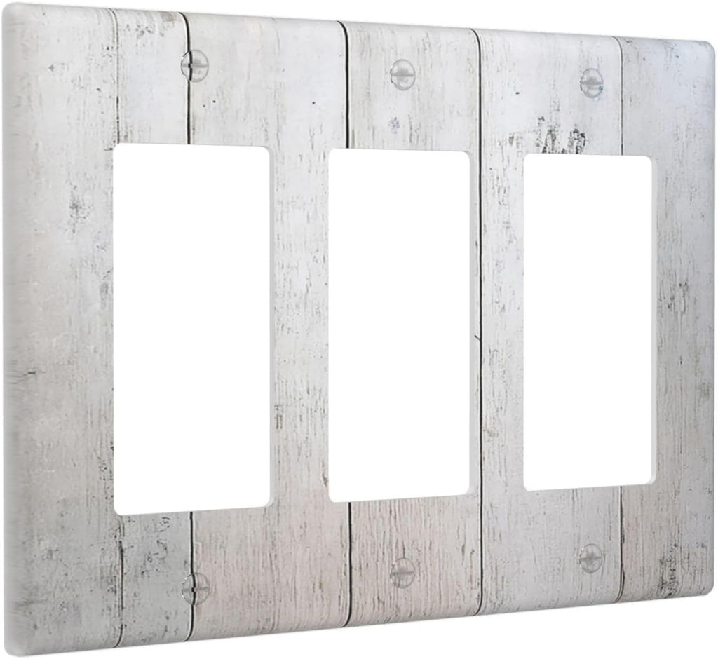 Rustic White Grey Wood Grain Light Switch Covers 3 Gang Rocker Decorative Triple Outlet Wall Plate Cover Electrical GFCI Switchplate for Bedroom Bathroom Decor