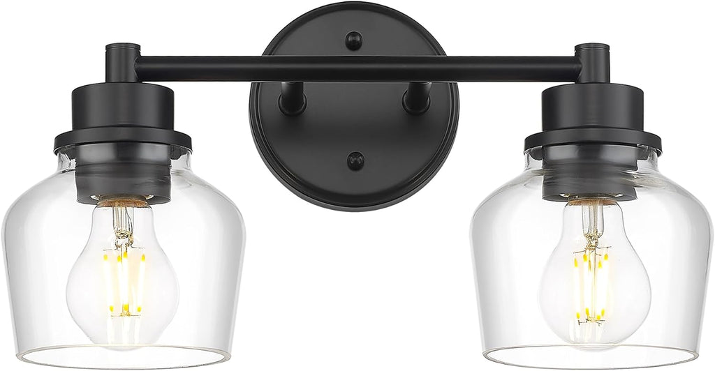 Emak Modern Black Bathroom Lights, Farmhouse Vanity Lighting Fixtures with Clear Glass Shade, 2-Light Vanity Lights for Bathroom, Makeup Desk, Mirror, VL122-BK-CG-2