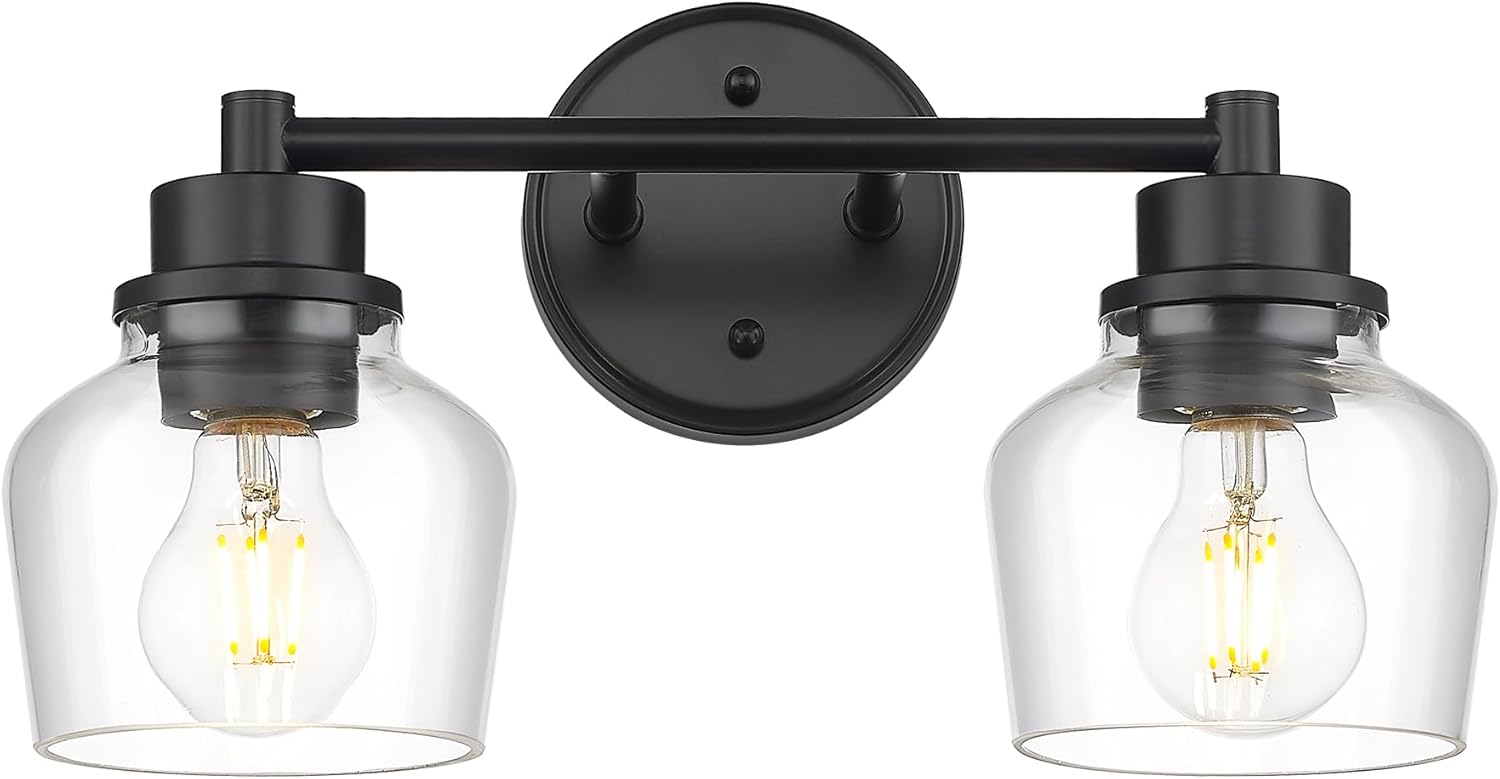 Emak Modern Black Bathroom Lights, Farmhouse Vanity Lighting Fixtures with Clear Glass Shade, 2-Light Vanity Lights for Bathroom, Makeup Desk, Mirror, VL122-BK-CG-2