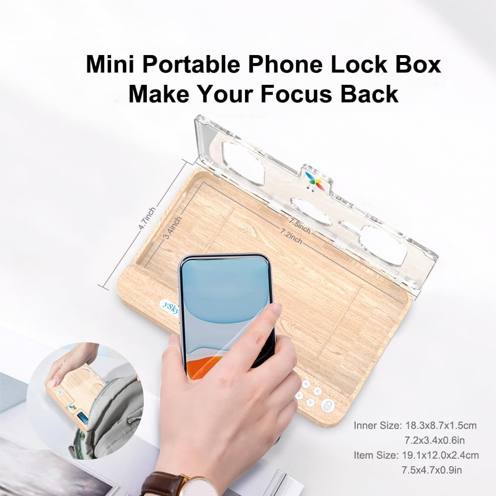 ySky Portable Timed Phone Lock Box for iPhone and Android Phones, Self-Control Timer Phone Locker Box to Help Kids,Students, Adults Focus Back(Woodgrain)