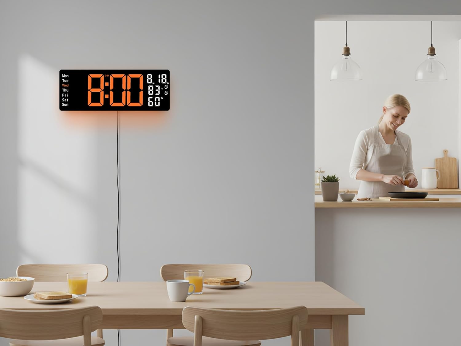 17.5 Inch Orange LED Digital Wall Clock with 8 Ambient Light Colors｜Displays Time,Date,Day,Temperature&Humidity,Dual Alarms,Countdown&Stopwatch,DST,10-Level Auto/Manual Brightness｜Modern Silent Clock