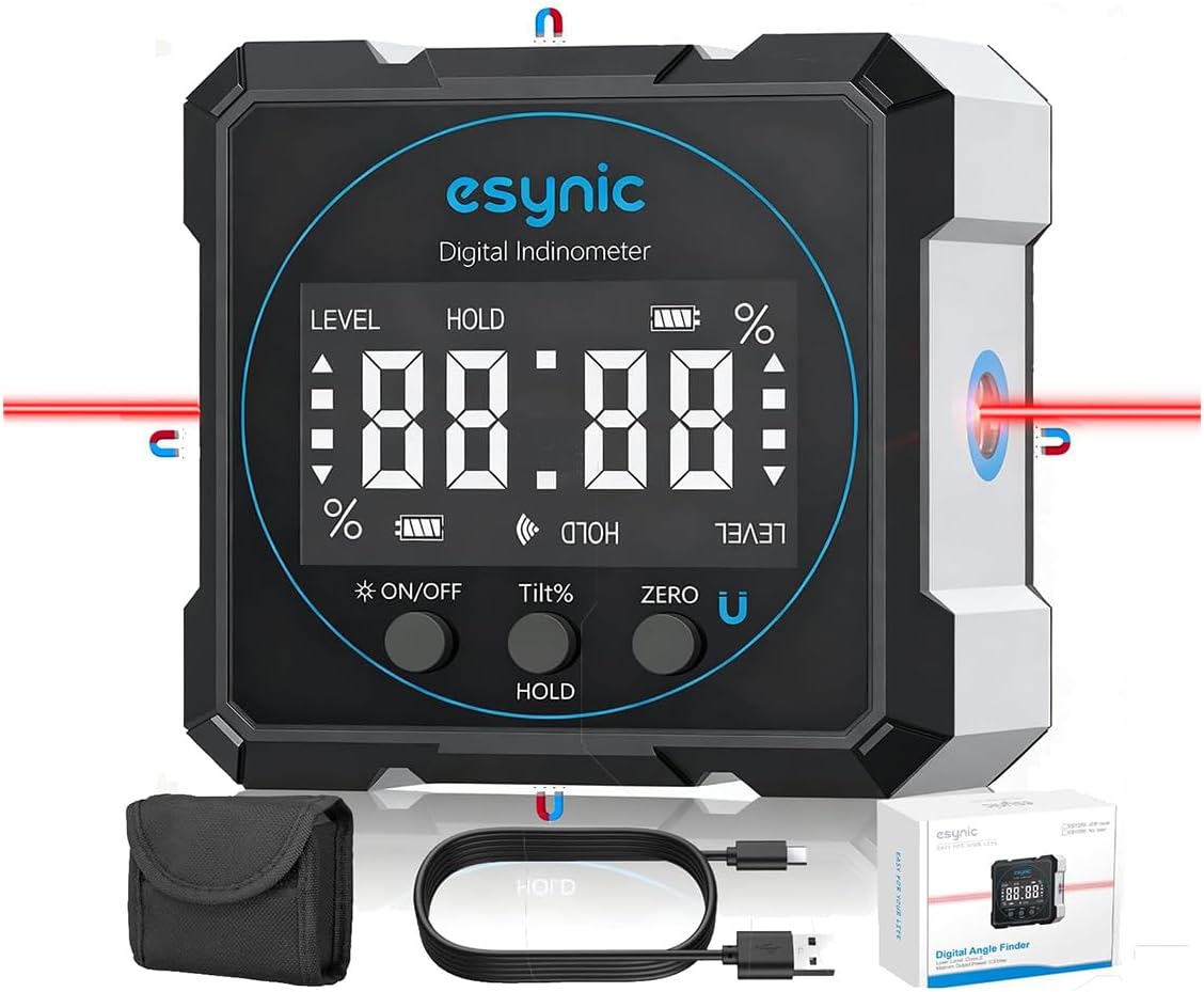 eSynic Digital Angle Finder with Laser USB-C Rechargeable Digital Inclinometer Level IP54 Waterpoof 4 Sides Magnetic Angle Gauge-Auto Off Backlight LCD Display for Construction (Laser Level: Class II)