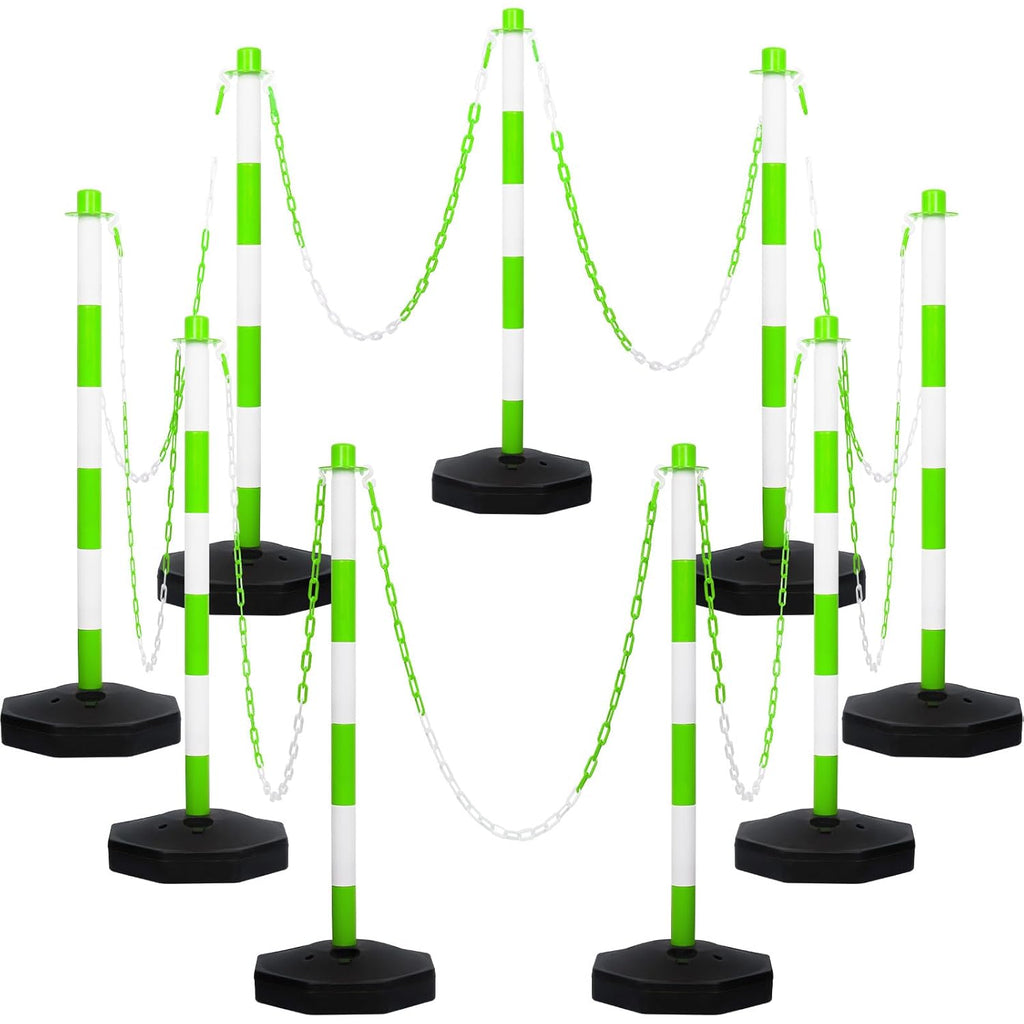Amylove 9 Packs Traffic Delineator Post Cone with Base, Traffic Cones Safety Cones Caution Cones Plastic Stanchion Chain Safety Barriers with 6.6 Feet Link Chain and S Hooks for Parking Lot (Green)