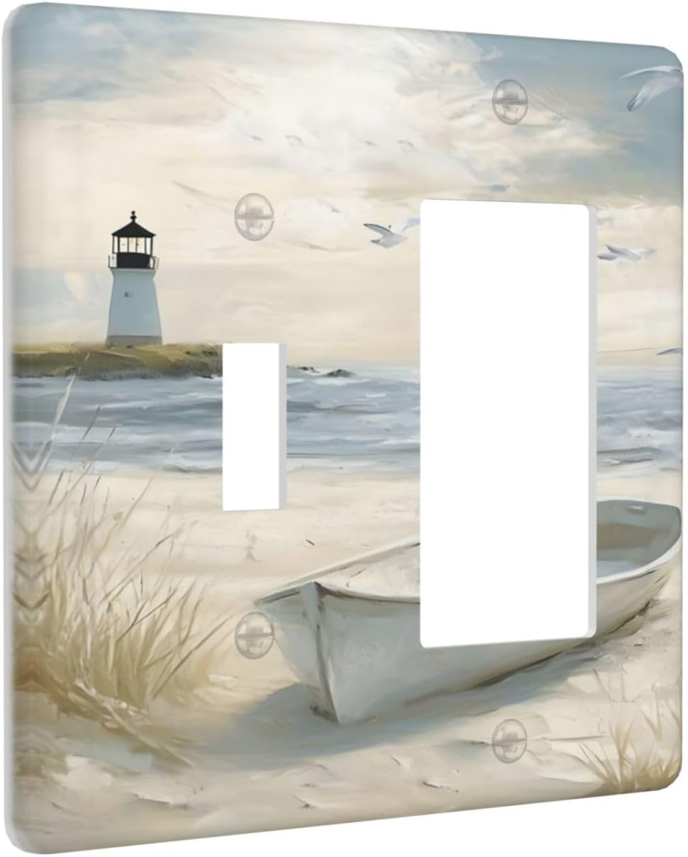 Decorative Outlet Covers Seascape Painting with Lighthouse Boats 2 Gang 1 Gang Wall Plate Single Toggle Rocker Light Switch Covers Switch Plate Cover for Bedroom Home Decor