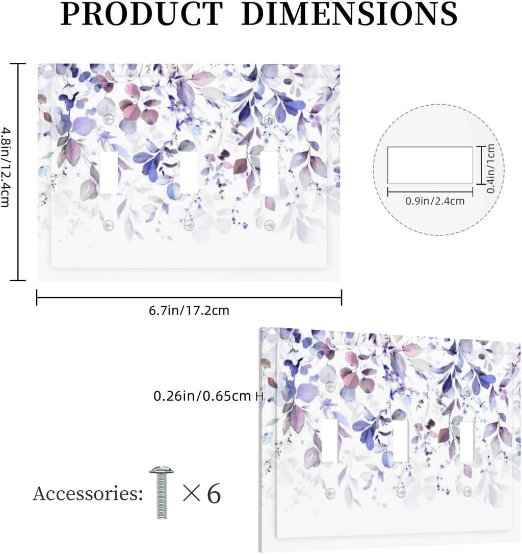 Purple Eucalyptus Watercolor Floral Rustic Leaf Decorative Switch Plates 3 Gang Wall Plate Triple Toggle Light Switch Cover Faceplate Electrical Wall Panels for Farmhouse Home Decor