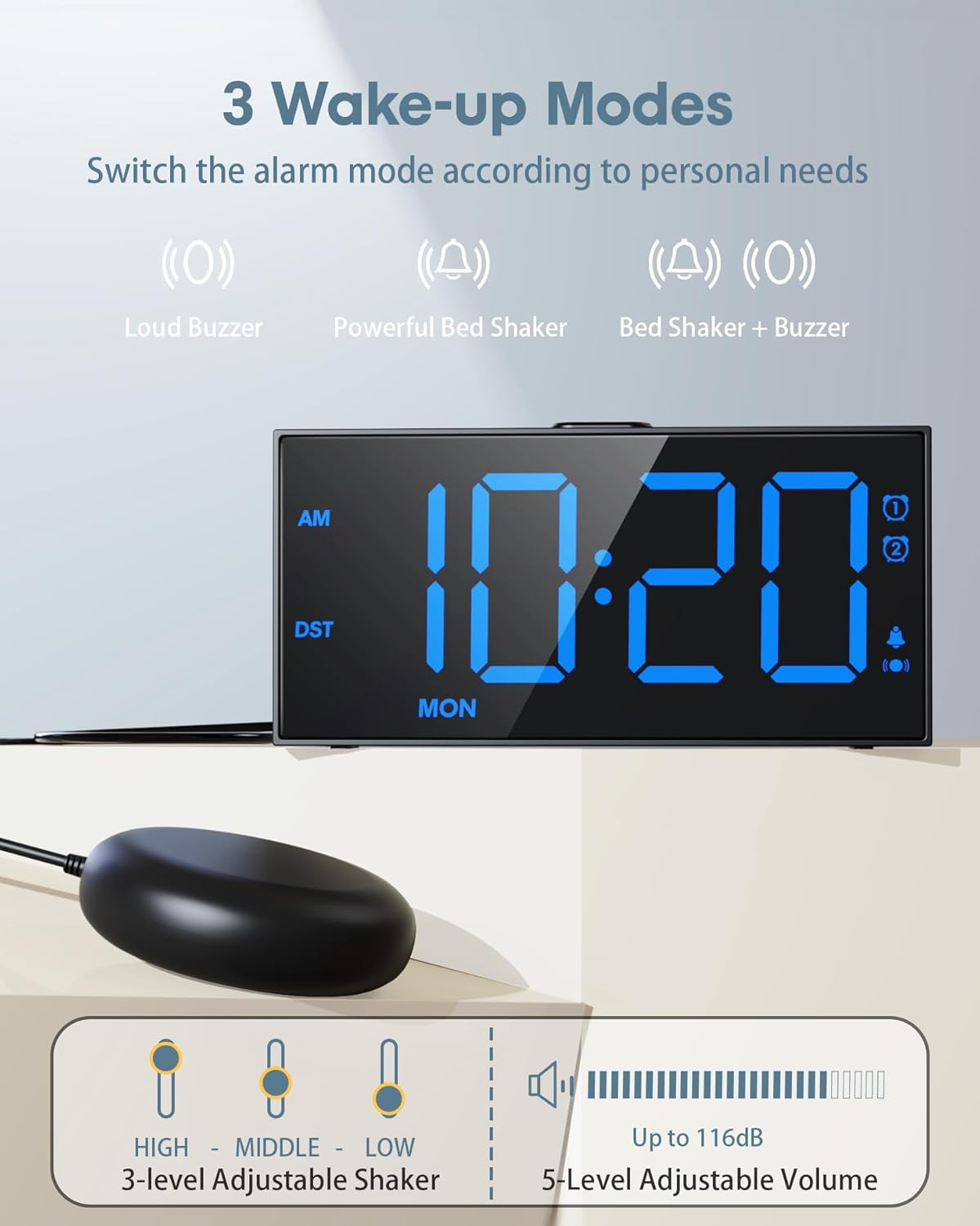 Loud Alarm Clock for Heavy Sleepers Adults,Bed Shaker Alarm Clock with 2 Alarms for Everyday/Weekday/Weekend,Dimmer,Snooze,USB Charging Port,12/24H DST,Vibrating Clock for Hard of Hearing/Teens