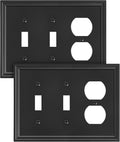 2-Pack Combo Duplex/Double Toggle Light Switch Cover Plate, Black Modern Decorative Electrical Outlet Covers, Bamboo Fiber Wall Switch Plates and Outlet Covers