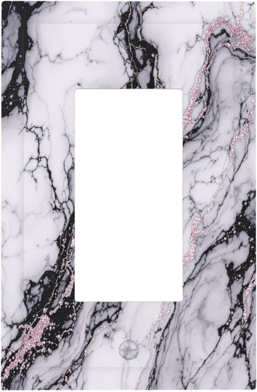 Decorative Outlet Covers White Marble Pattern Black Lines Pink Lines 1 Gang Single Rocker Light Switch Cover Plate Wall Plates GFCI Faceplate for living Room Office Decor