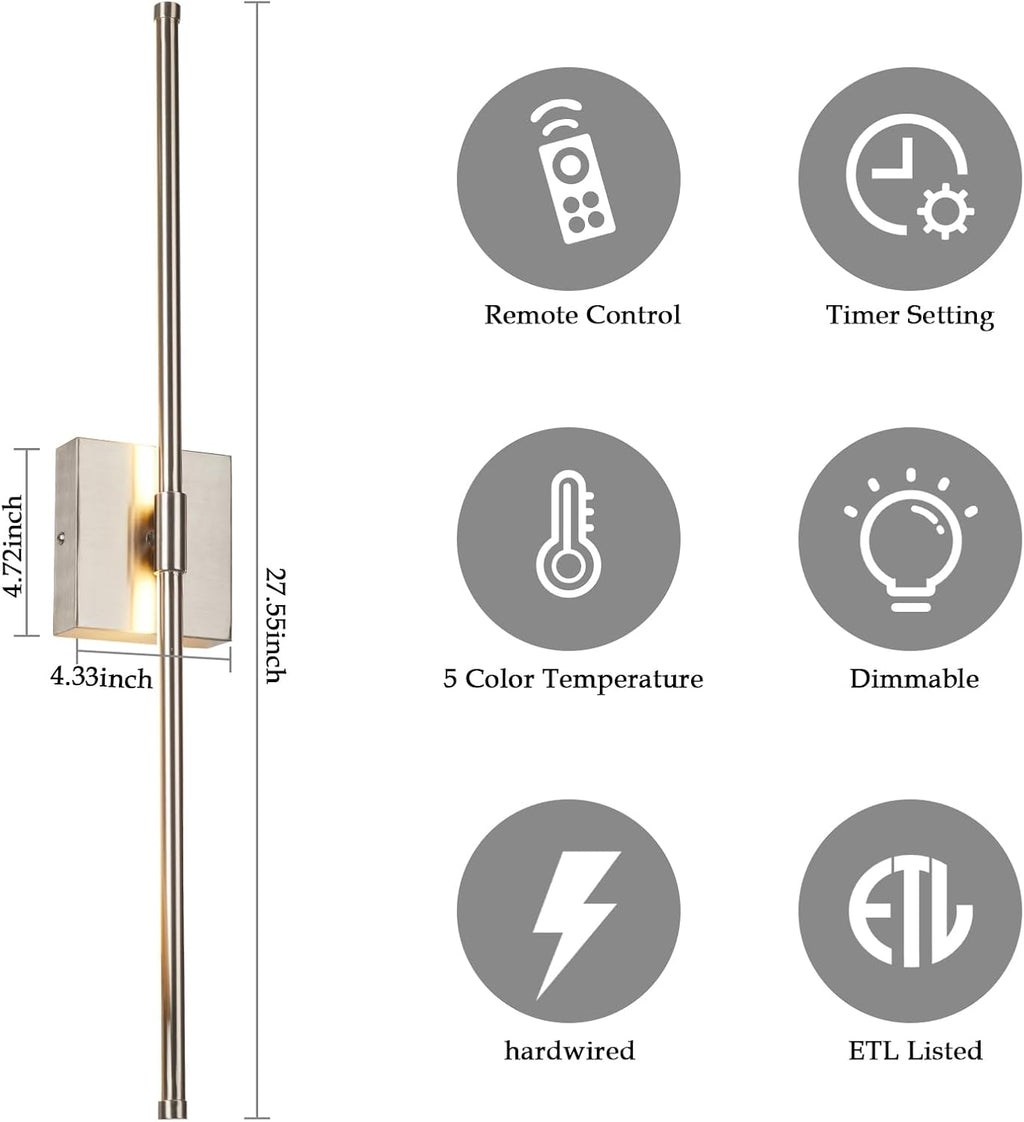 LED Wall Sconces with Remote Control, Dimmable Wall Sconces Set of 2, 5 Colors 3000K-6500K & Dimmable, Hardwire Wall Light with Timer & Night Light, LED Nickel Wall Lamps for Living Room, Bedroom