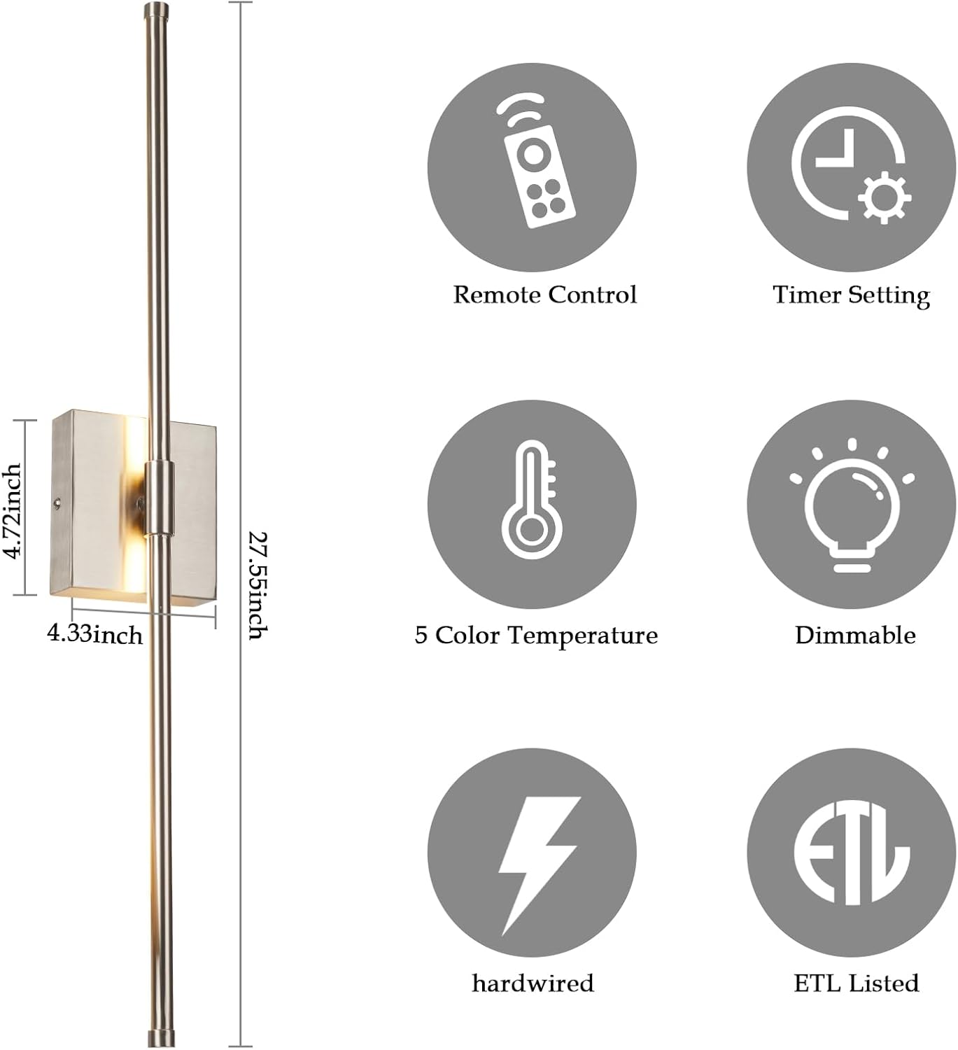 LED Wall Sconces with Remote Control, Dimmable Wall Sconces Set of 2, 5 Colors 3000K-6500K & Dimmable, Hardwire Wall Light with Timer & Night Light, LED Nickel Wall Lamps for Living Room, Bedroom