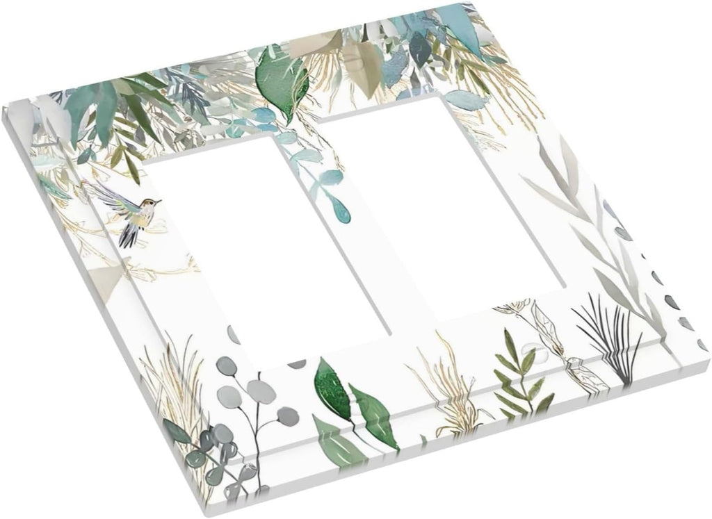 Green Tropical Palm Leaves Flower Plants Hummingbird Decorative Outlet Covers 2 Gang Double GFCI Rocker Electrical Wall Panels Light Switch Cover Plate for Bed Room Living Room Decor