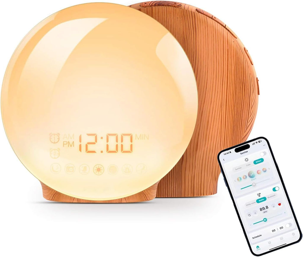 Smart APP Sunrise Alarm Clock with 4 Alarms & Natural Sounds for Heavy Sleepers, App No Signup, Wake Up Light, 11 Night Ligh, Sleep Aid 7 White Noise Machines & FM, Wireless Speaker (Wood Grain, 1PCS)