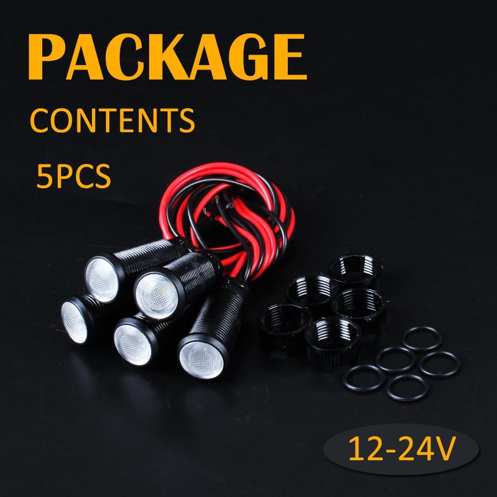 5pcs 10mm LED Indicator Light Plastic Black Signal Dot Lamp 12V-24V 2/5" Mounting Hole Size with 15cm/5.9in. Wire (White LED)