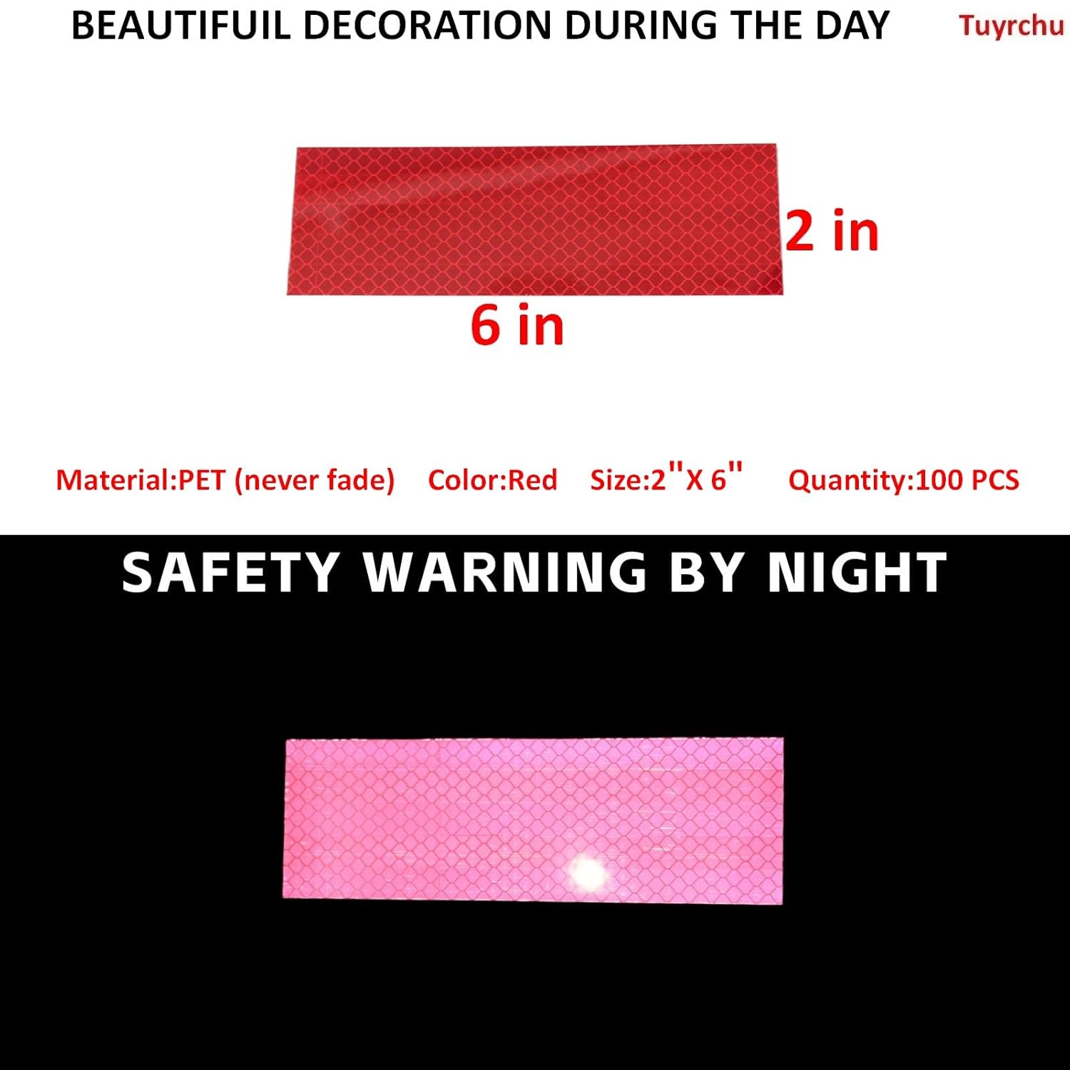 Non Fading Red Reflective Stickers 2 inch X 6 inch, Outdoor Waterproof High Visibility Warning Safety Adhesive Reflector Tape (100 Pcs)