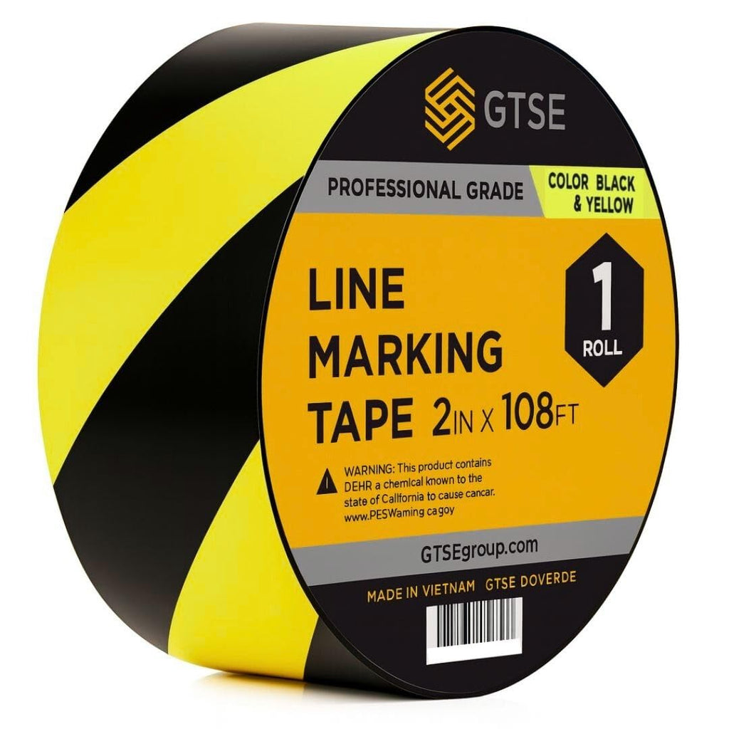 GTSE 2 inch x 108 ft Black/Yellow PVC Vinyl Floor Tape, 24 Rolls, Safety Marking Tape, 6 mil Thick, Suitable for Dance Floors, Gyms, Warehouses, Sports Facilities