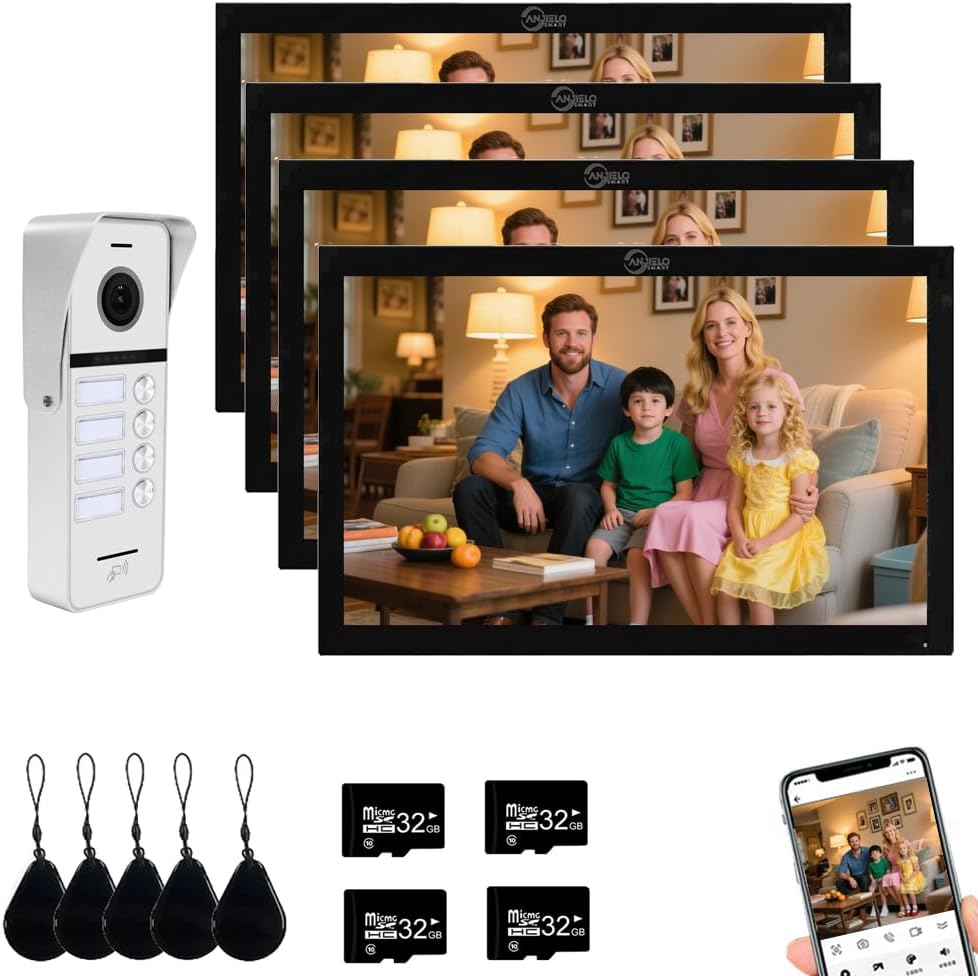 ANJIELO SMART Wired Video Doorbell Apartment Intercom System,4 Family Units 10 Inch Touch Monitor,3 in 1 Unlocking,Dual Way Intercom Motion Detection Tuya for Villa Home (1 Doorbell(w)+ 4 Monitor(b))