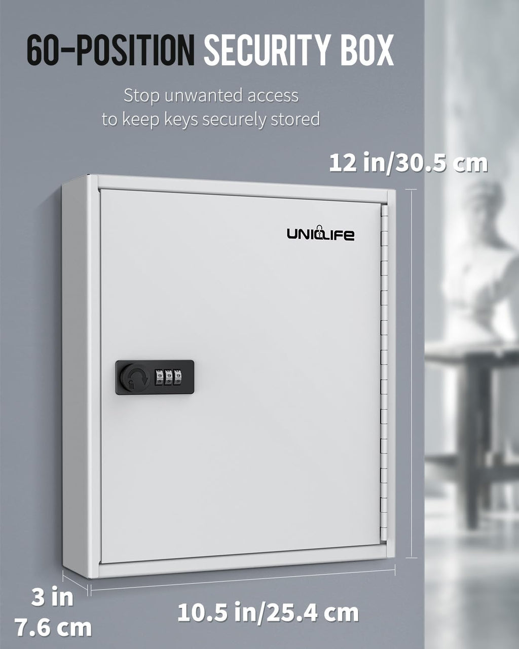 Uniclife 60 Position Slotted Key Cabinet with Combination Lock Resettable White Digital Security Storage Box Steel Key Organizer with Slotted Racks White Key Tag Labels and Permanent Pen